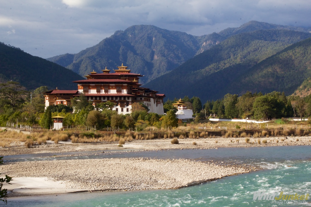 The majestic Punakha Dzong set against a spectacular backdrop.